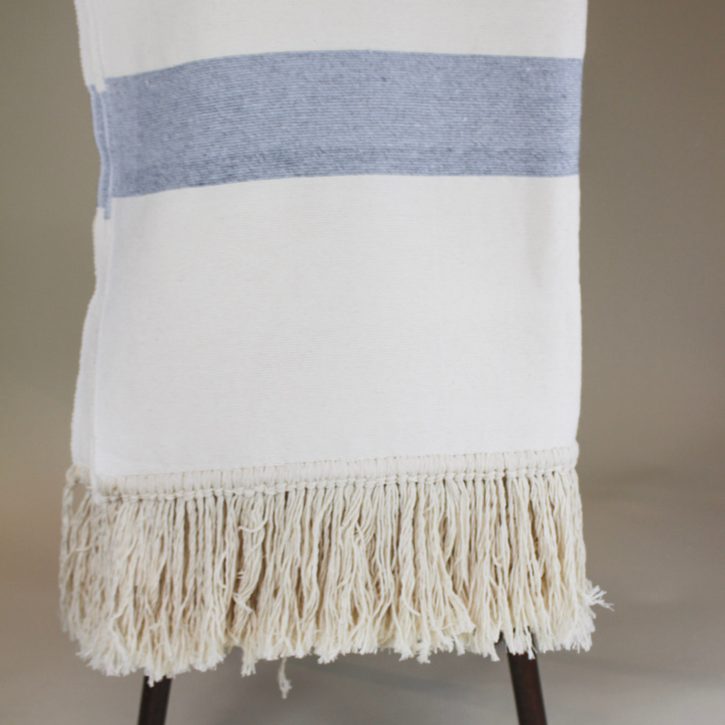 Large White Handmade Moroccan Throw with Blue Stripe