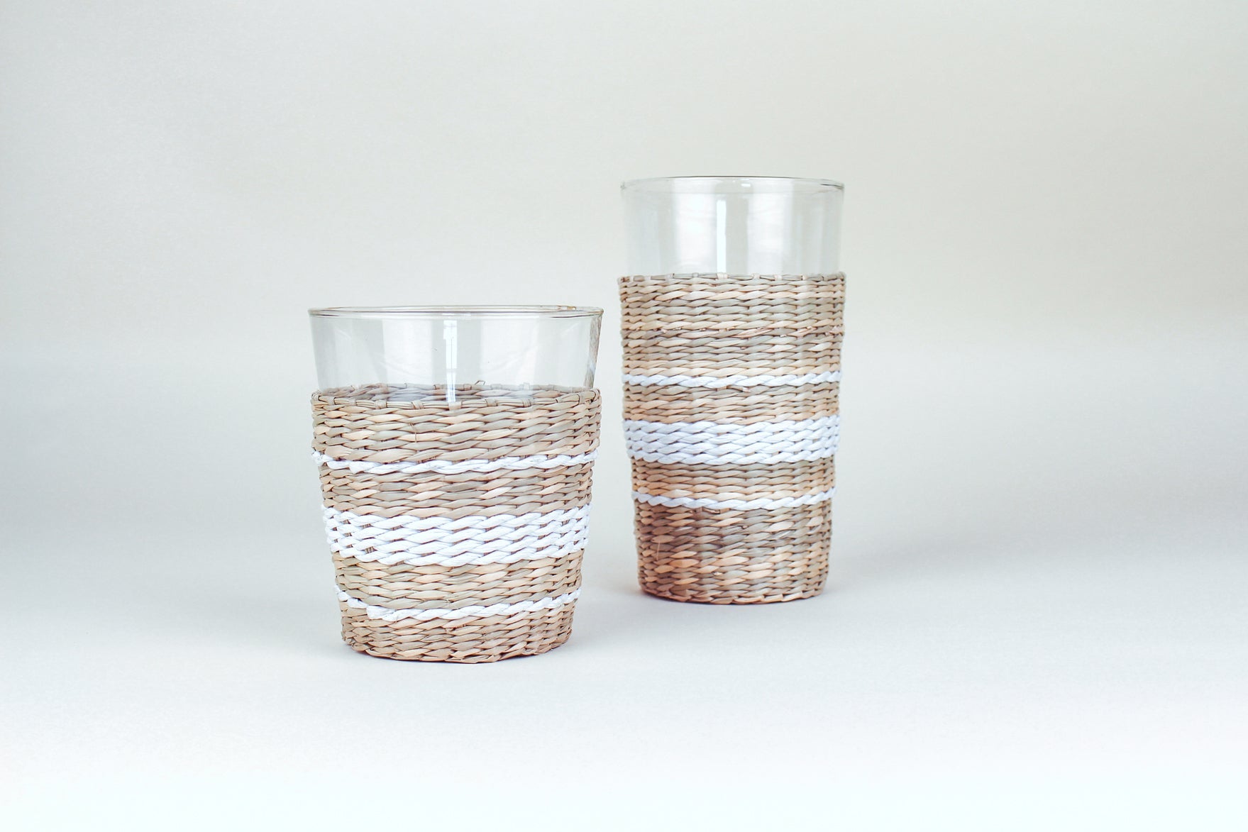 White Collection Seagrass Wide Tumbler - Glass - Seagrass - Brand_Seagrass & Rattan - Kitchen_Drinkware - New Arrivals - Seagrass - Tumblers & Highballs - White-Stripe-Seagrass-Highball-and-Tumbler-6880-L4CNT-WH-and-6880-L001CNT-WH---small